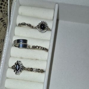 Elegant Silver Tone and Black Stone Ring Set